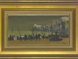 une peinture à l'huile représentant un groupe de personnes sur une plage, avec des bateaux