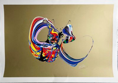 abstract painting of a man with a hat and a skateboard on a gold background