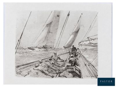 un dessin en noir et blanc représentant un homme sur un voilier