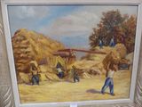 a picture of a painting of a man carrying a load of hay