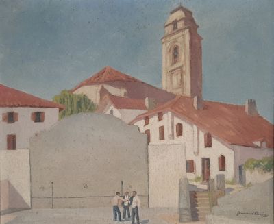 a painting of a group of people standing in front of a building