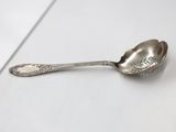 silver spoon on a white surface with a leaf design
