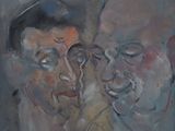 an oil painting of two men looking at each other in opposite directions