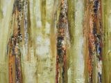 abstract painting of three trees in a row on a green background