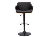 un tabouret de bar en cuir noir avec une assise en bois et un repose-pieds
