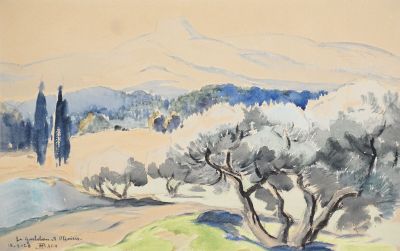 N. BACH (XXe), "Le Garlabian, champs d'olivier", aquarelle s…