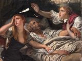 un tableau représentant une femme allongée dans un lit avec un homme et une femme