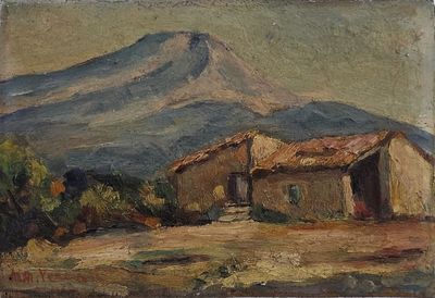 an oil painting of a mountain with a house in the foreground and a house in the foreground