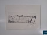 a black and white drawing of a beach scene