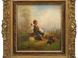 a painting of a boy sitting on a hill with a dog