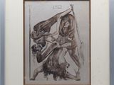 framed drawing of a man and a woman wrestling in a wrestling ring