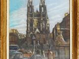 an oil painting of a church in a city with cars parked in front of it