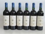 six bottles of red wine lined up in a row