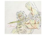 drawing of a man with chains on his neck holding a knife