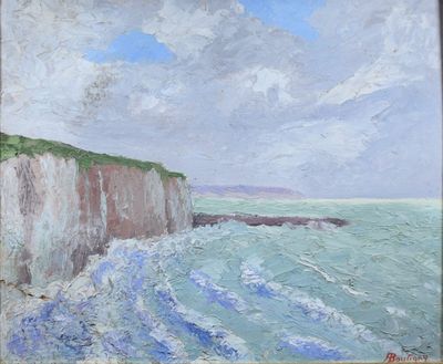 une peinture à l'huile représentant une vue de l'océan depuis une falaise