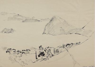 dessin représentant un paysage avec une montagne au loin et un troupeau de bovins au premier plan