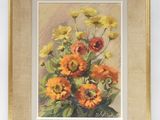 une peinture à l'huile représentant des fleurs dans un vase sur une table