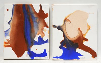 two paintings of brown, blue, and orange paint on a white surface