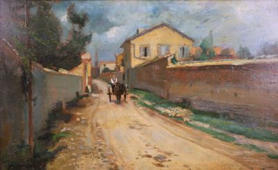 a painting of a horse and buggy on a dirt road