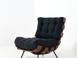 an image of a black chair with a wooden frame and a black cushion