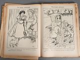 two pages of a book with pictures of people and a dog