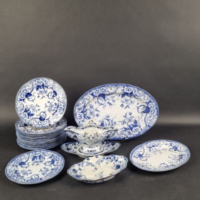 a group of blue and white plates and bowls on a table
