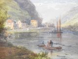 a painting of people in a small boat on the water