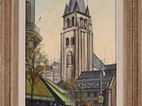 painting of a church with a clock tower in the middle of a city