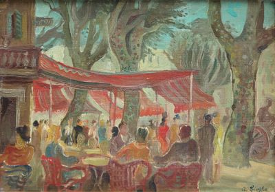une peinture représentant un groupe de personnes assises à une table