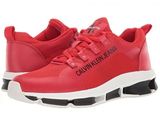 a red sneaker with a black and white logo on the side