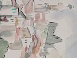 a watercolor painting of a group of people on a beach