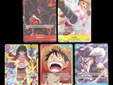 Plusieurs cartes représentant des personnages de « One Piece » sont représentées sur un fond noir.
