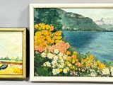deux tableaux représentant des bateaux sur l'eau, à côté d'un tableau représentant des montagnes