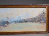 painting of a landscape with a flag flying in the sky