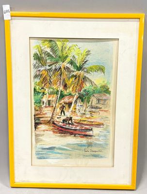 painting of a man in a boat on the water with palm trees