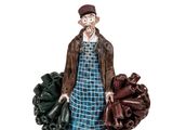 figurine of a man holding a bunch of vegetables on a white surface