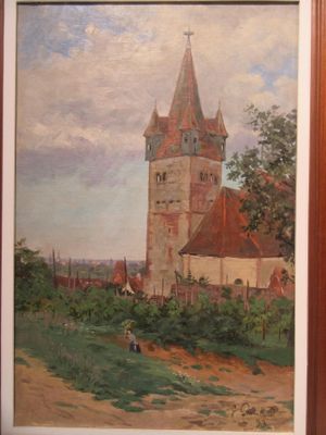 framed painting of a church in a rural setting with a person walking in the foreground