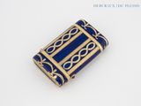 an image of a blue and gold case sitting on top of a white surface