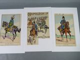 three cards depicting a group of men riding horses on a field