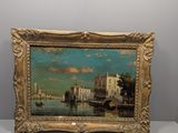 an oil painting of a view of a city with a bridge in the foreground