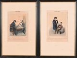 two framed prints of a man and a woman sitting at a table