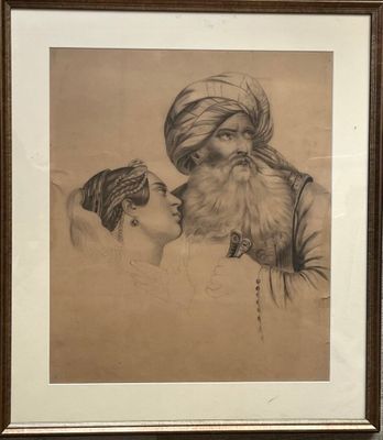 un vieux dessin représentant un homme et une femme portant un turban
