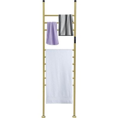 a towel rack with two towels hanging on it next to a towel rack