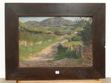a picture of a painting of a dirt road in the country