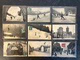 several old black and white photographs of people playing in the snow