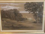 painting of a landscape with a man and a dog in the distance