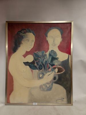 Ecole française du XXe : "Deux femmes au bouquet de fleurs".