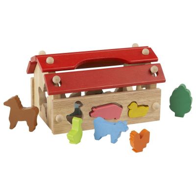 une image représentant un coffre à jouets en bois avec des animaux et un chien