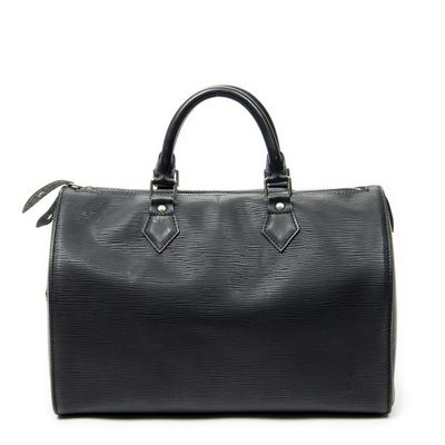 a black louis vuitton speedy bag on a white background