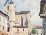 tableau représentant une église avec un clocher et une personne marchant dans la rue